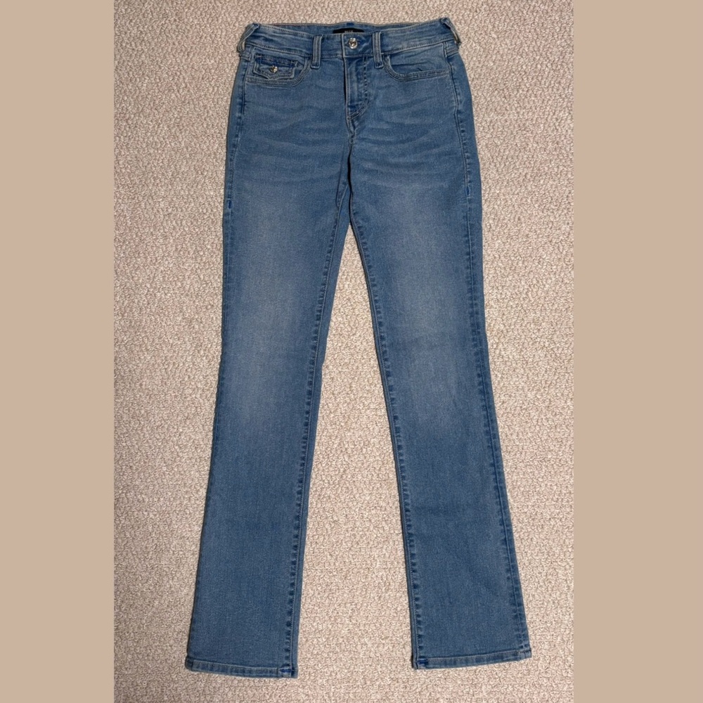 True Religion Women's Billie Mid-Rise Straight Leg Jeans with Flap Pockets